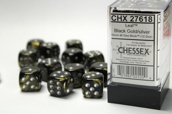 Leaf Black Gold/silver 16mm d6 Dice Block (12 dice)