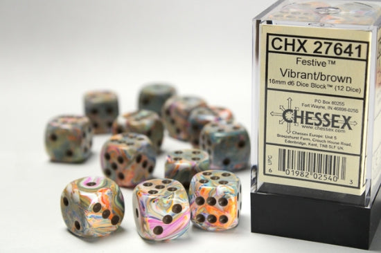 Festive Vibrant/brown 16mm d6 Dice Block (12 dice)