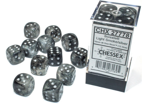 Borealis Light Smoke/silver Luminary 16mm d6 Dice Block (12 dice)