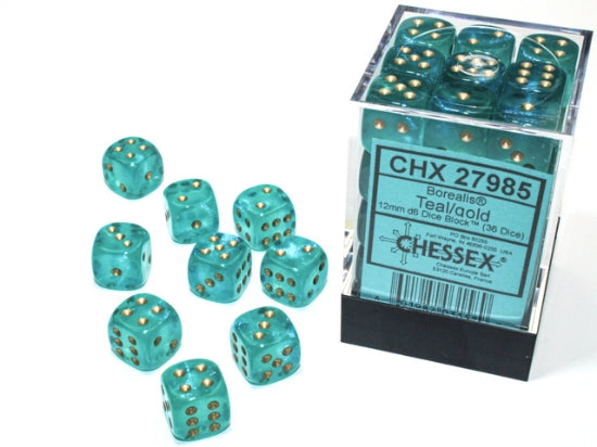 Borealis Teal/gold Luminary 12mm d6 Dice Block (36 dice)