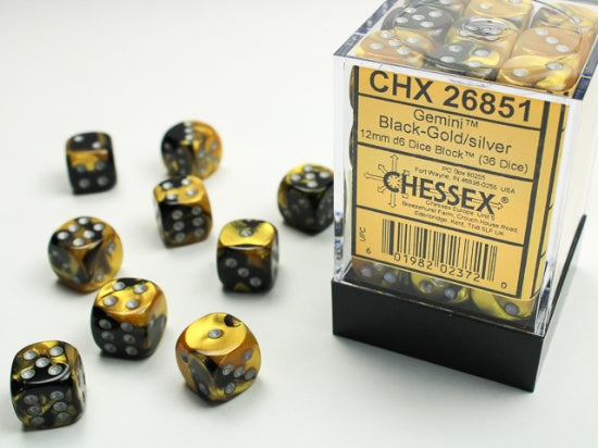 Gemini Black-Gold/silver 12mm d6 Dice Block (36 dice)