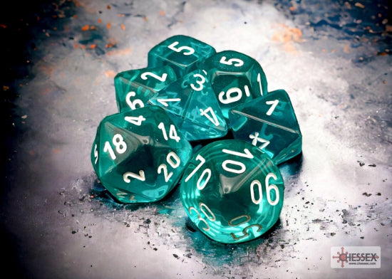 Translucent Teal/white Polyhedral 7-Dice Set